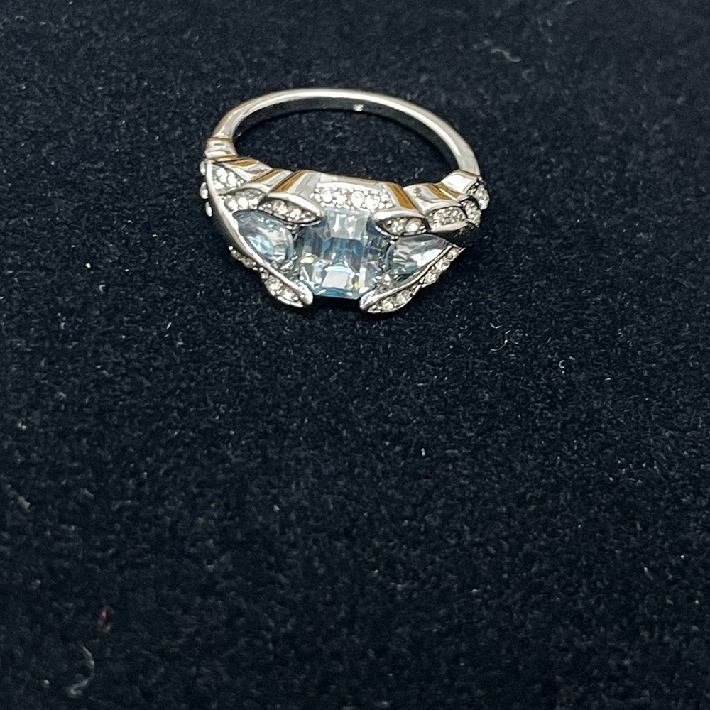 Silver Tone Ring with Blue Gemstones